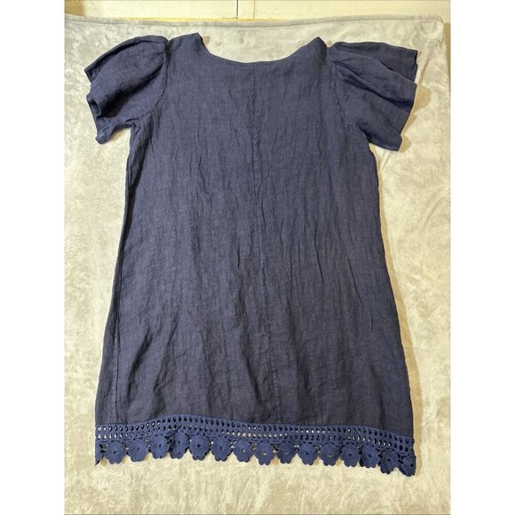 Bellambia 100% Linen Dress Size 2X Plus Short Sleeve Navy Blue Crochet Hem Boho - Picture 11 of 14